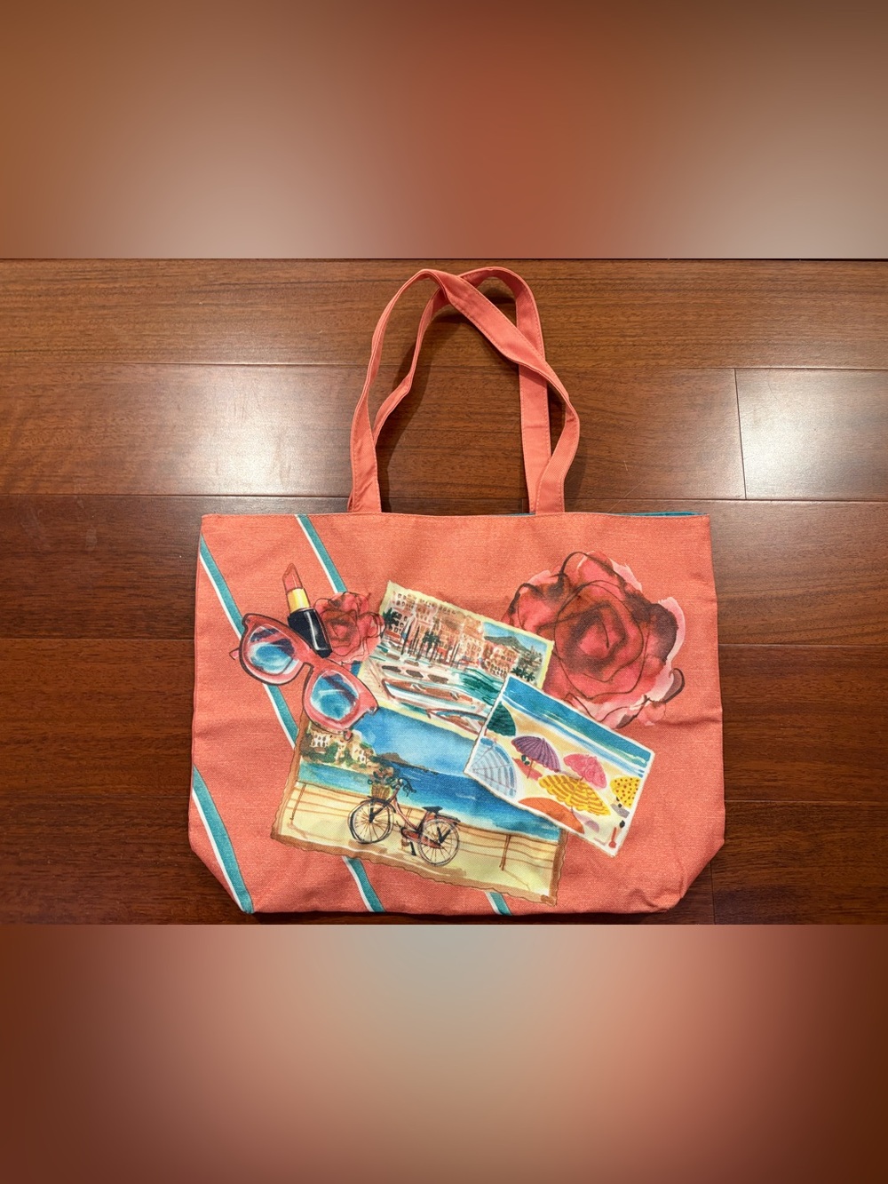 Lancôme Coral Tote Bag with Beach Postcard Print